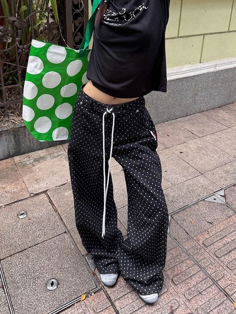 

HOUZHOU Vintage Polka Dot Jeans Women Y2k Korean Style Oversize Black Denim Trousers Harajuku Retro Streetwear Wide Leg Jeans