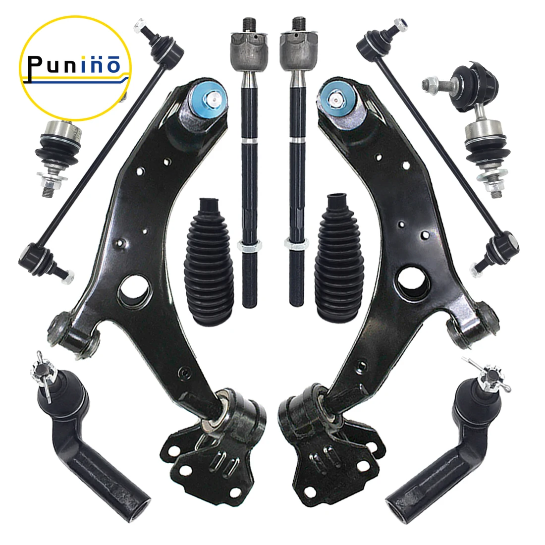 Punino Front Lower Control Arm with Ball Joints Tie Rod End Link 12pcs Suspension Sets for Mazda 3 2010 2011 2012 2013