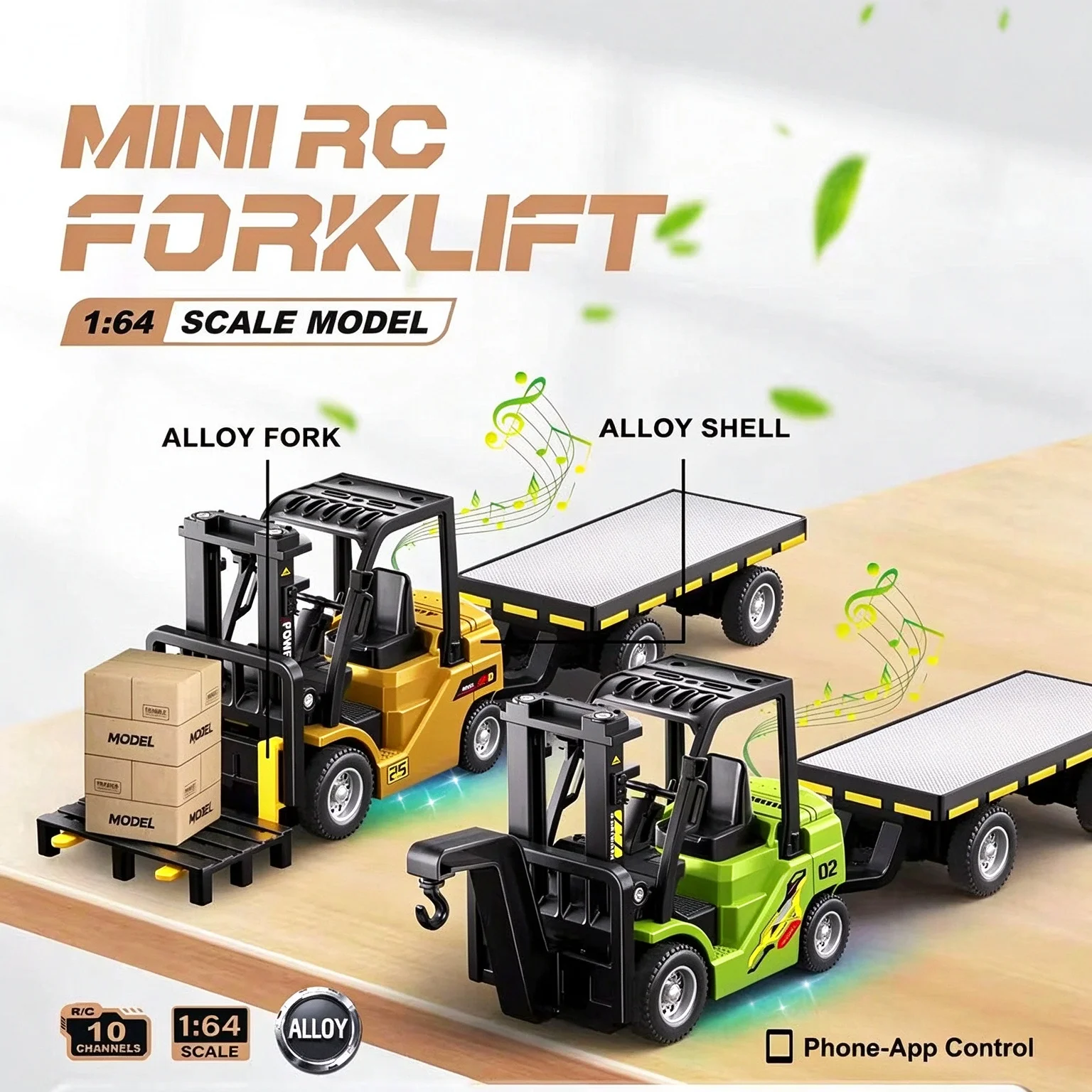 1:64 Bluetooth Remote Control Crane And Forklift two-in-one Desktop Mini Alloy Toy Car With Trailer Christmas Gift