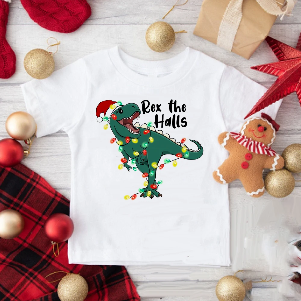 Cartoon Dinosaur Print Shirt Christmas Child Clothes Boys Girls Short Sleeve T-shirt Kids Graphic Tee Xmas Holiday T Shirt Gift