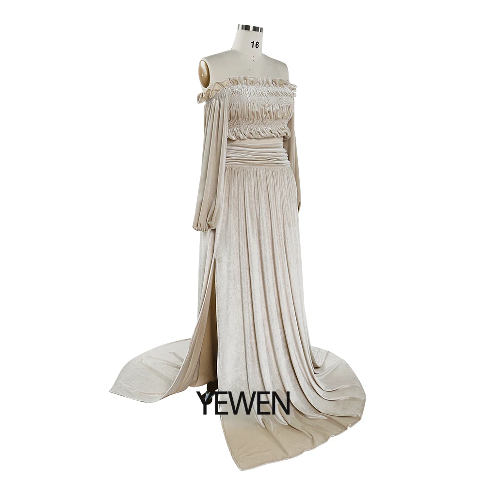 Two-Piece Cream Beige Velvet Crop Top and Long Skirt Set Maternity Dresses for Photo Shoot with Leg Slit YEWEN YW220929