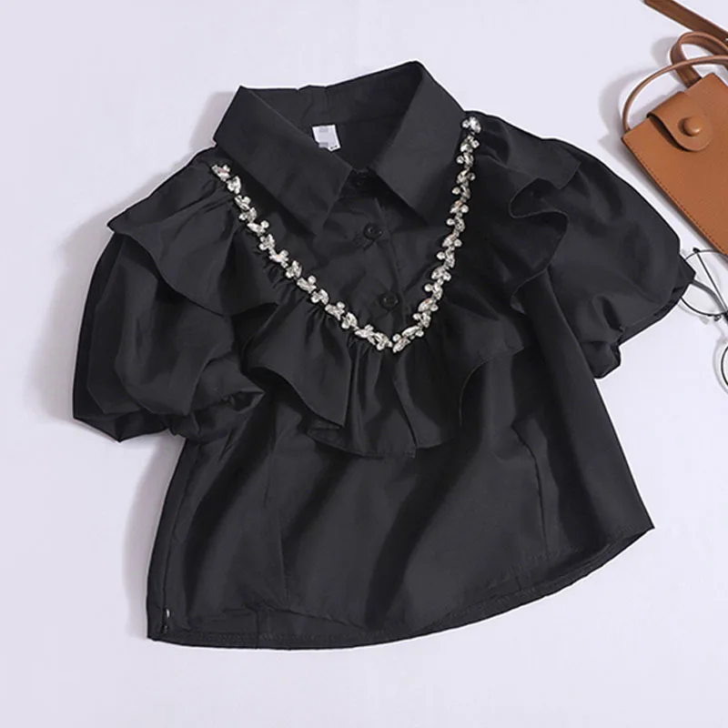 Crop Tops Summer Blouse Women Ruffles Puff Sleeve Tunic Fashion Shirts Chic Diamond Korean Vintage Blusas De Mujer