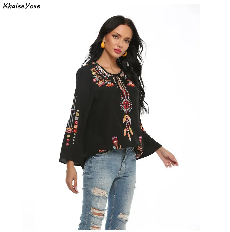 KHALEE YOSE Black Boho Embroidery Blouses Shirt Women Autumn Spring Mexican Shirt Long Sleeve Hollow Out 23xl Ethnic Chic Shirt