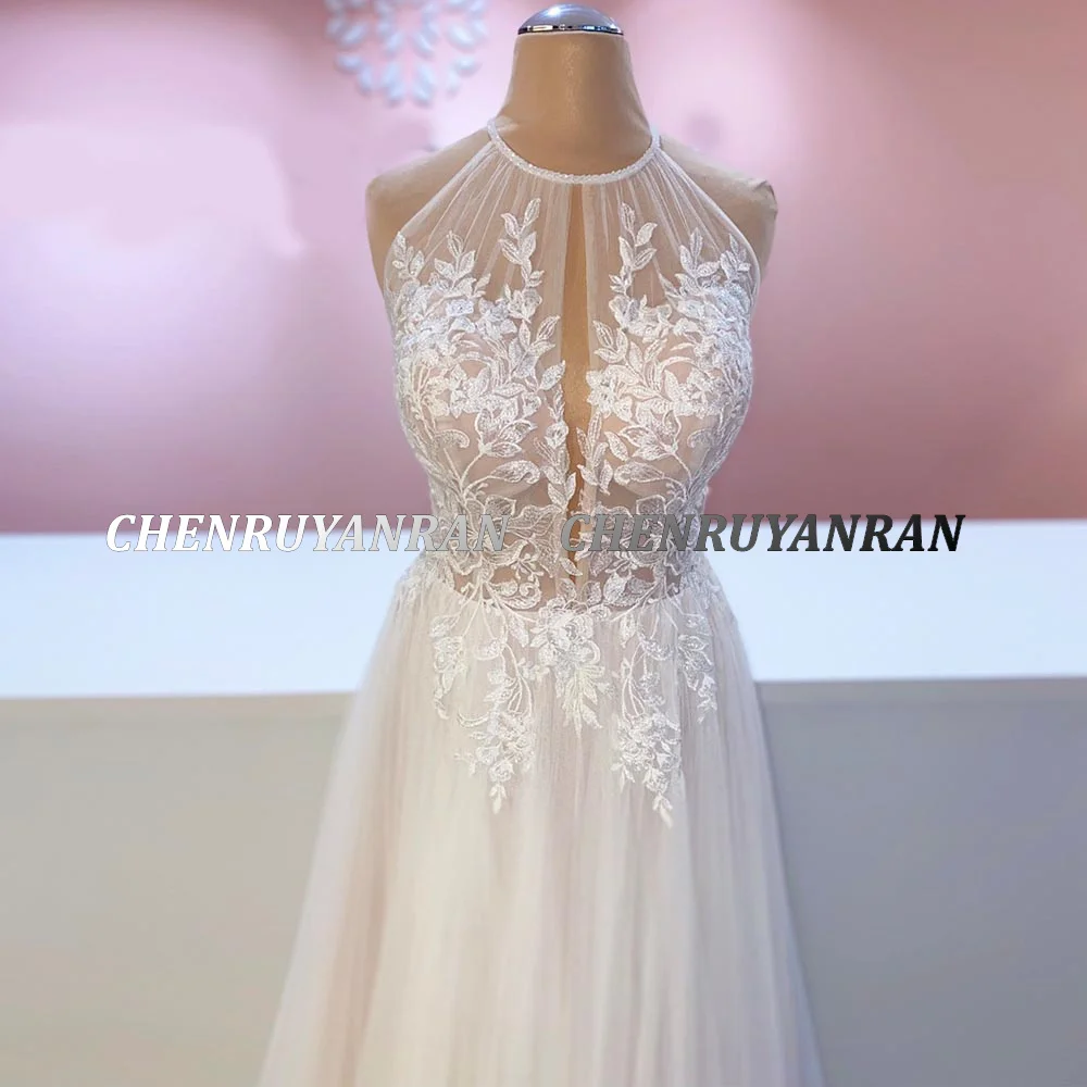 Tule vestidos de casamento para as mulheres 2022 boho halter sem costas sexy vestidos de casamento applique longo elegante vestido de noiva vestidos de novia