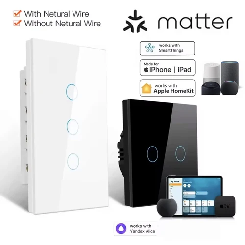 Imagen 1 del producto Matter WiFi interruptor inteligente 1/2/3/4 Gang US interruptor de luz de pared inteligente con cable neutro trabajo requerido con Apple Homekit Google Siri