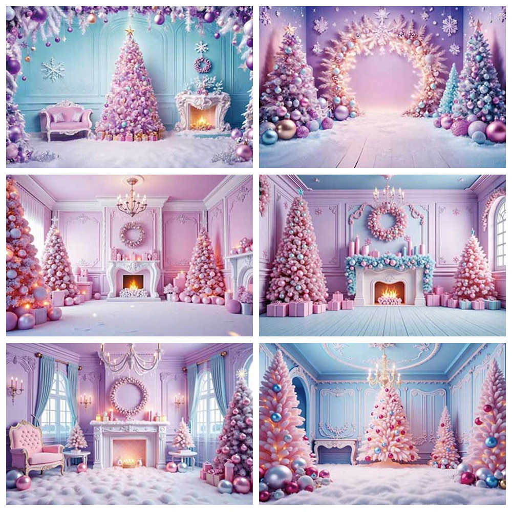 

Christmas Living Room Decor Backdrop Pink Xmas Trees Fireplace Photography Background Family Portrait Banner Photo Studio Prop