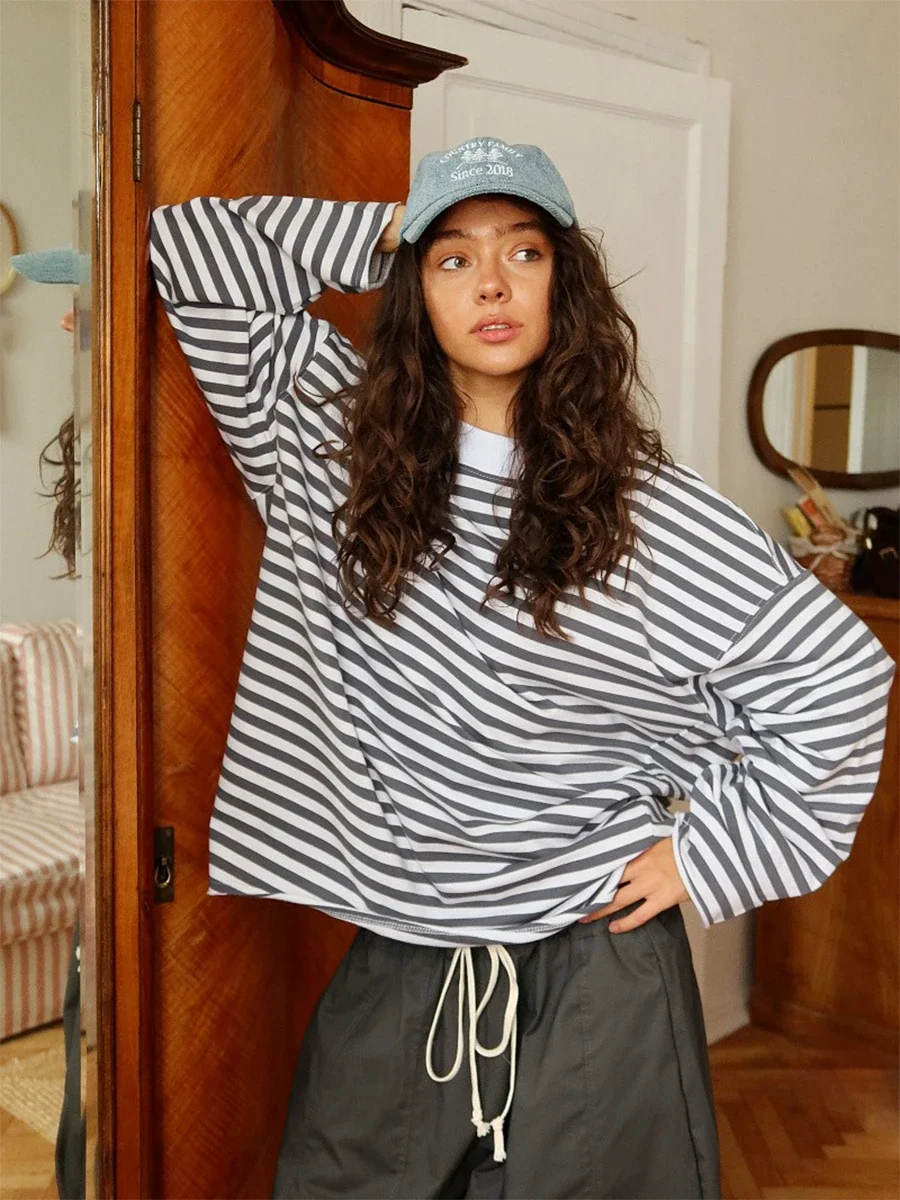Wolfeel 2026 Series Spring New Retro Two Tone Striped Lazy Style Casual Loose and Versatile Long Sleeved Fashionable T-shirt Top