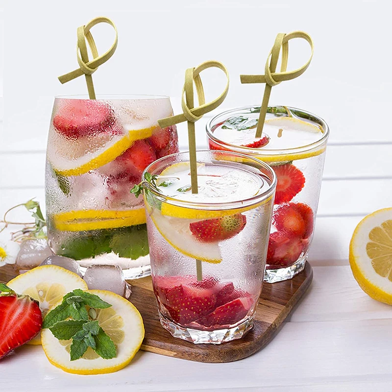 100/200Pcs Bamboo Cocktail Sticks Set 12cm Decorative Toothpicks Kit with Looped Knot Cocktail Sticks for Fruits Kebabs Party