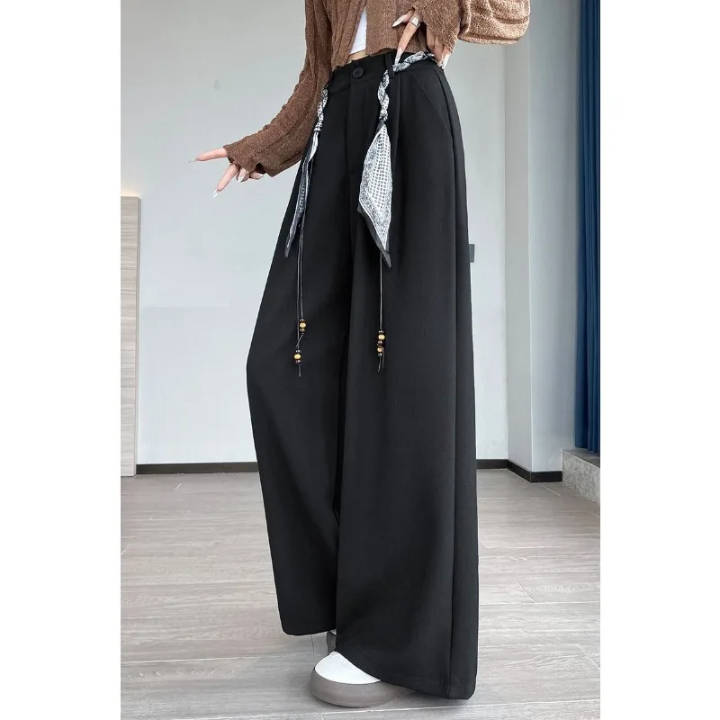 秋の新作 ハイウエスト ドレープ織りベルト付き ストレート カジュアル ワイドレッグ スーツパンツ