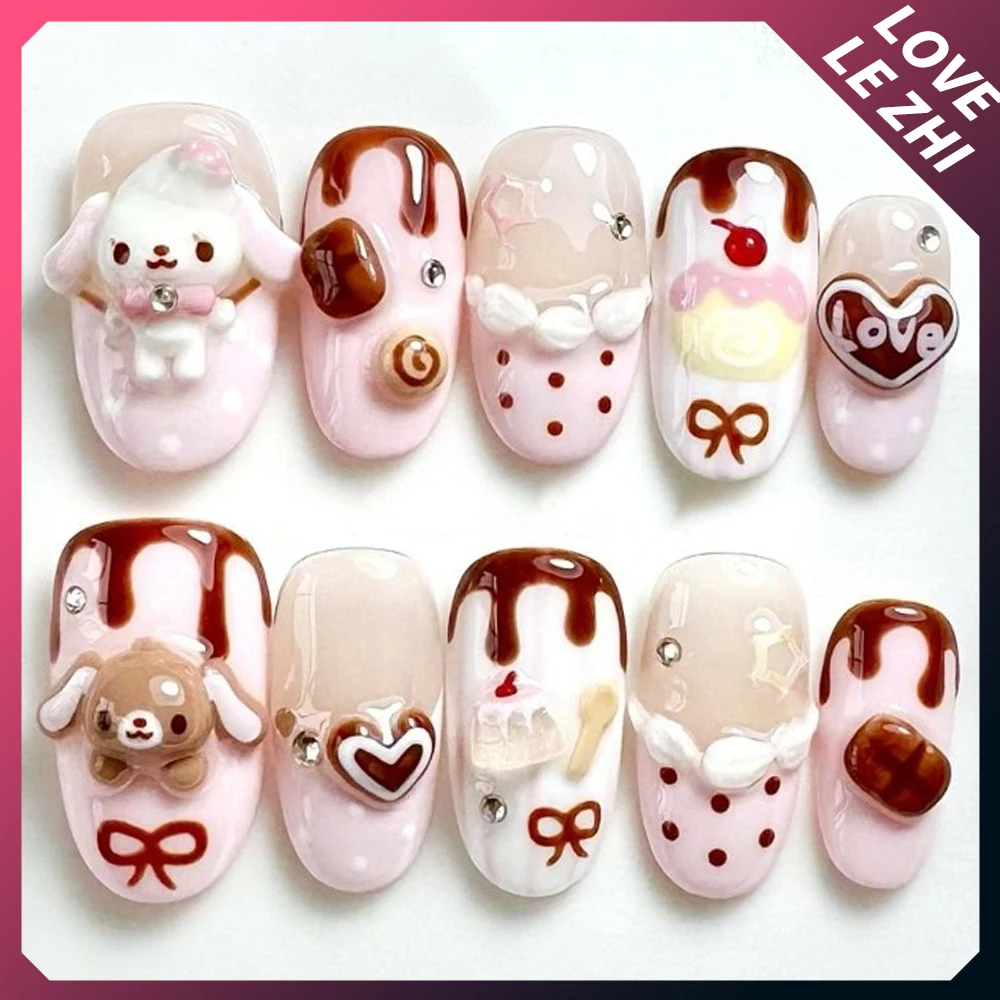 เล็บปลอมลายการ์ตูนอนิเมะริลัคคุมะ ทำมือ ทรงสั้น สี่เหลี่ยม อัลมอนด์ ลายหมีน่ารัก แมว ใบโคลเวอร์สี่แฉก วาดด้วยมือ