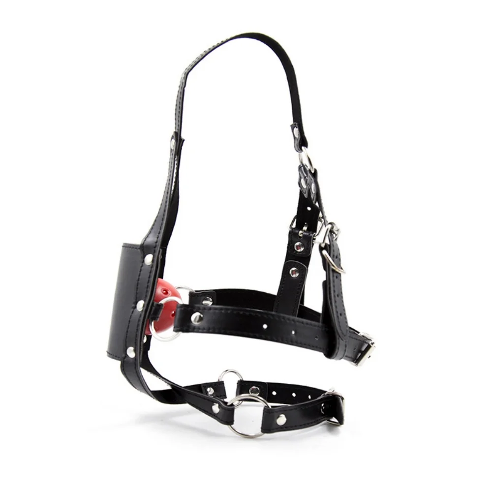 Adjustable Leather Black Bondage Hood Ball Gag Mouth Gag Bdsm Sex Toys For Women Men Adult SM Play Games Head Restraints Harness view 3