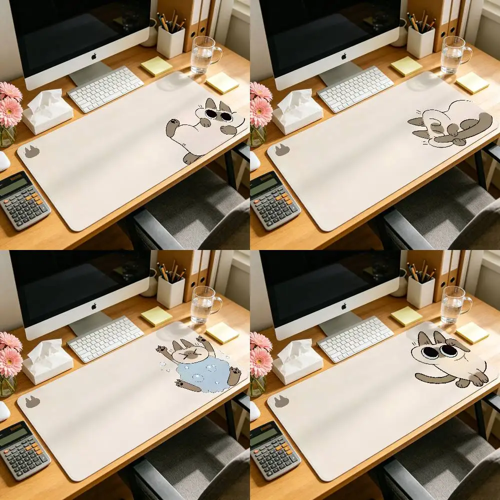S-Siamese Cute Cat Bean Minimalist Pure White Oversized Desk Pad Waterproof Oilproof Keyboard Mat Office Writing Mousepad
