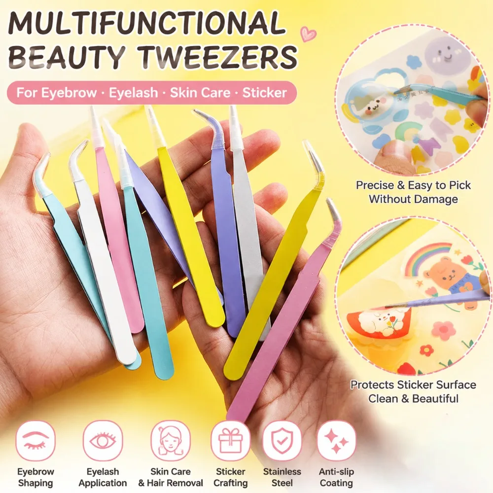 Stainless Steel Straight Curved Tweezers Colorful Pink Blue Purple DIY Eyelash Tweezer Nail Art Sticker Rhinestones Picking Tool