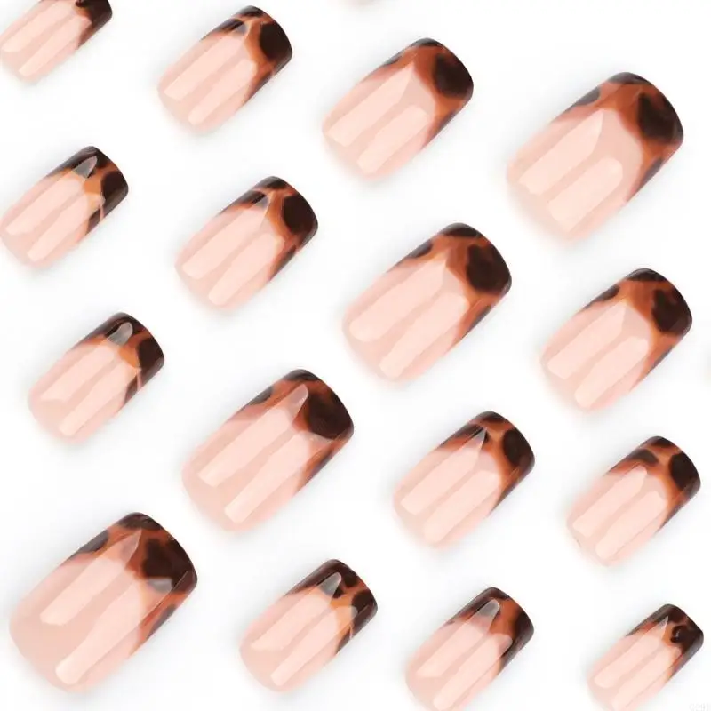 G99E Square Press On Fake Leopard Glues On Artificial Acrylic 12 Size 24pcs On for Women Girls