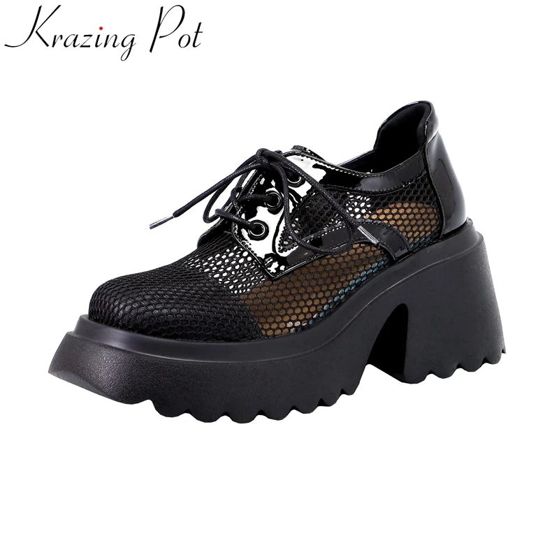 

Krazing Pot 2025 Comfortable Breathable Mesh High Heels Platform Casual Spring Shoes Lace Up Brand Elegant Concise Women Pumps