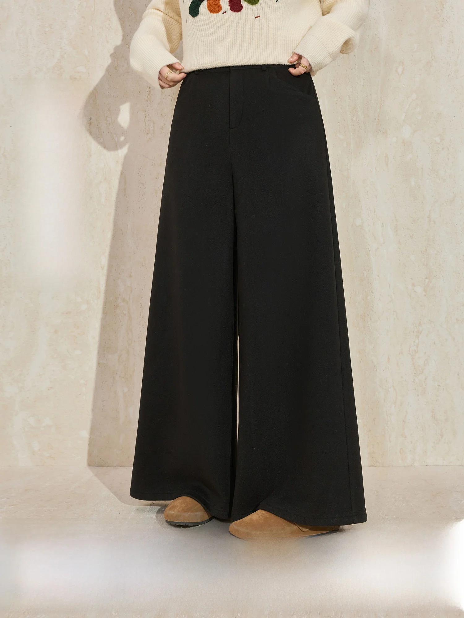 

Blue Language plus Size Starry Woolen Thi Warm Straight Leg Casual Wide Leg Pants Women Winter High Waist Slimming Trou...