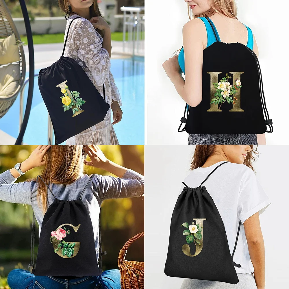 

Backpacks Gym Knapsack Canvas Drawstring Shoulder Bag2024 Men Women Casual Travel Double Golden Flower Print Shopping Organizer