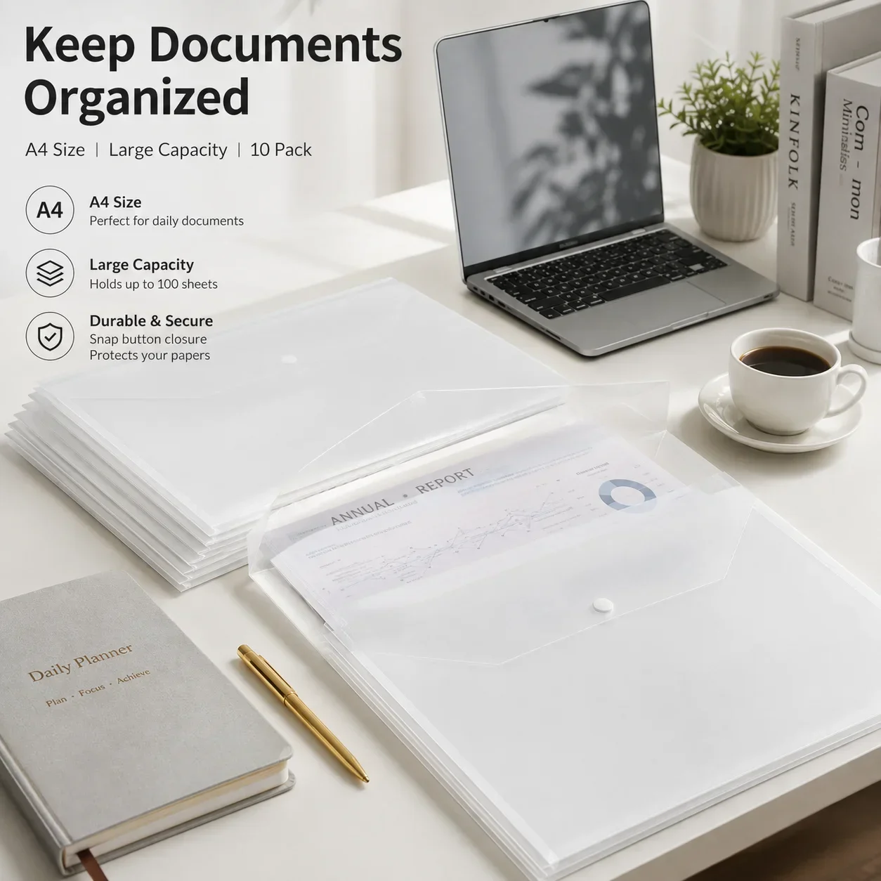 10 Pcs A4 Clear Plastic File Folder, Thick Heavy Duty Document Holder for Office School Supplies
