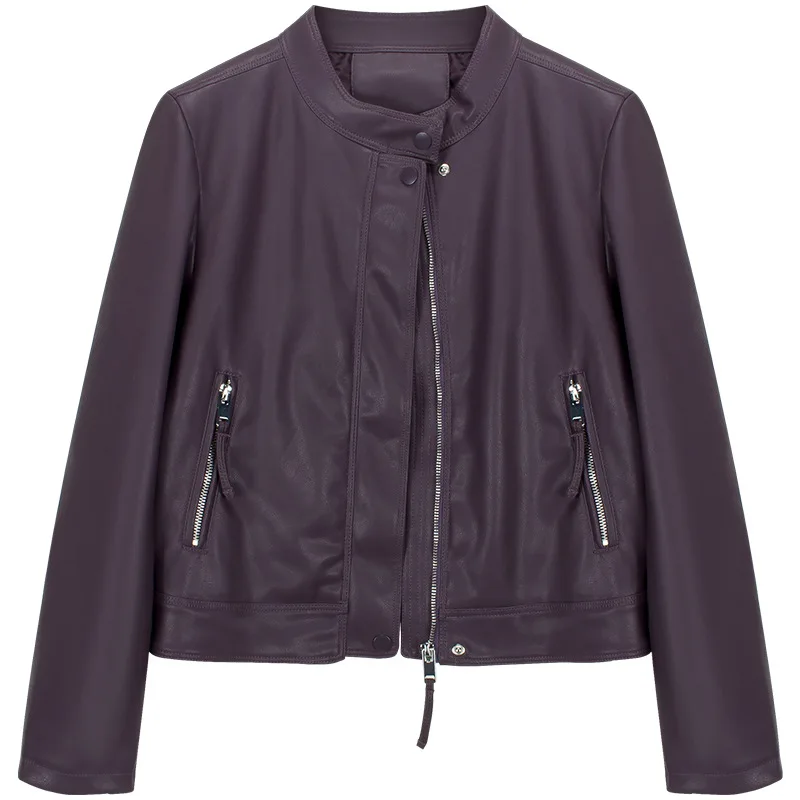 2025 Spring and Autumn New Women's Leather Jacket Stand Up Collar Short PU Jacket