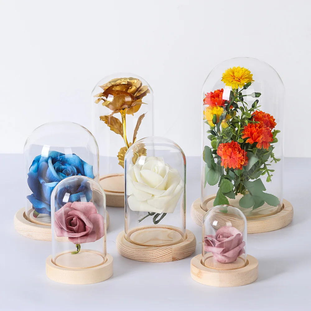 Home Decor Vases Glass Flower Display Cloche Bell Jar Glass Bottle with Wooden Base Dust Cover Display Box Immortal Flower Box