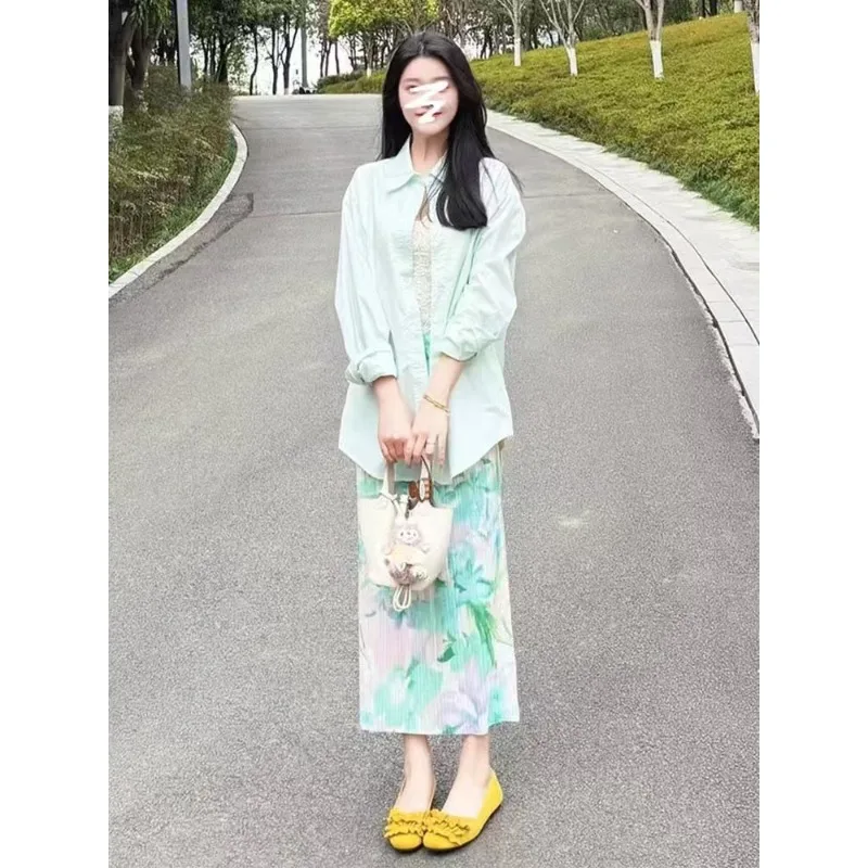 Miyake Pleated Printed Skirt 2026 Summer New Loose Plus Size Jupe Side Slit Minimalist Casual Elegant Versatile Women's Skirt