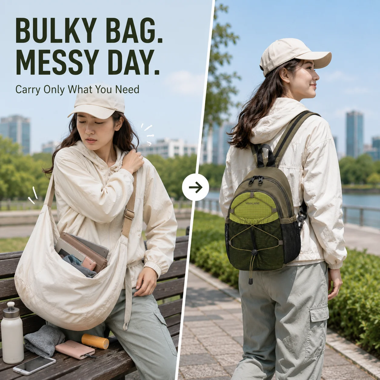 Convertible Sling Backpack for City Travel and Cycling, Lightweight Multi-Pocket Mini Daypack with Zip-Split Shoulder Straps