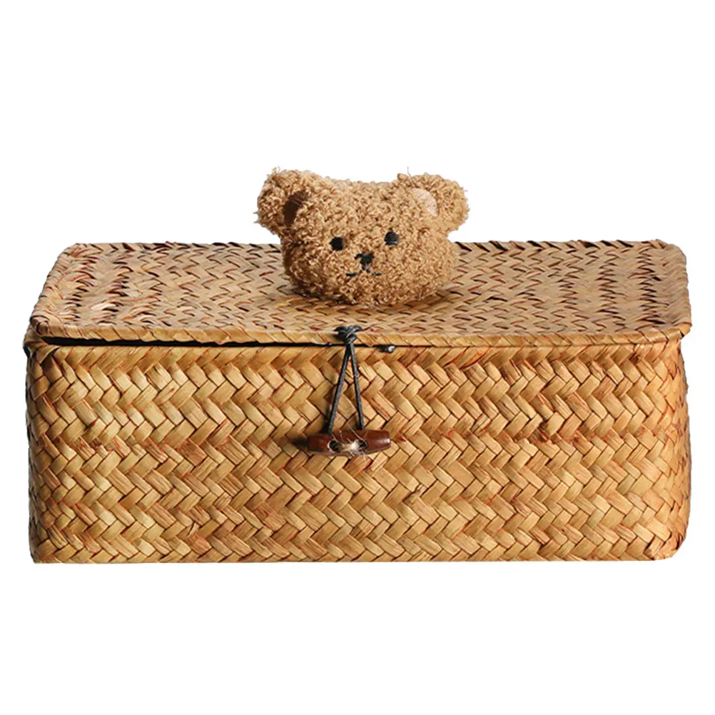 صندوق تخزين السيارة صناديق منسوجة منظم متنوع سلال مصنوعة يدويًا بغطاء مادة القش سلة المهملات تخزين سلة المهملات الداخلية للسيارة