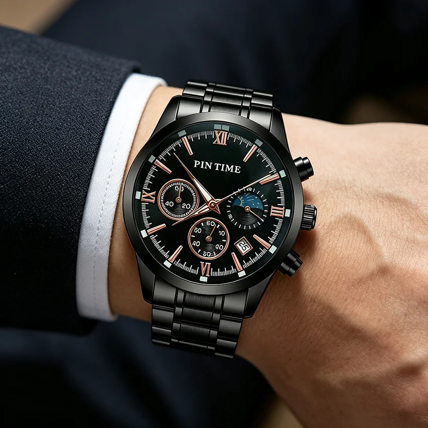 Man Clock Waterproof Luminous Alloy Steel Fashion Men Watch Chronograph Date Quartz Business True Six Needles Men's Watches
