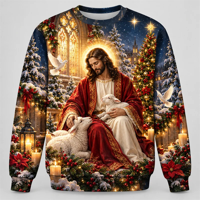 Jesus Christmas Sweatshirt Nativity Christian Faith Graphic Crewneck Xmas Pullover Holiday Winter Religious Gift Streetwear Top