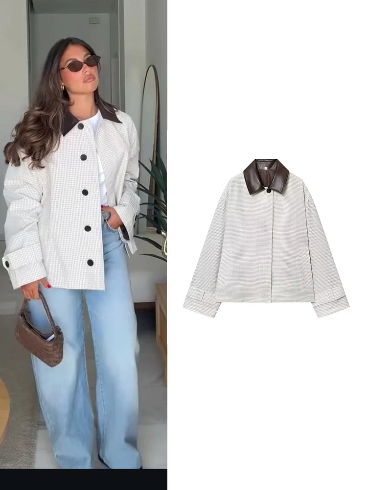 

Women Plaid Trench Coat 2025 Autumn New Fashion Style PU Collar Splicing Long Sleeve Streetwear Female Casual Pocket Jacket