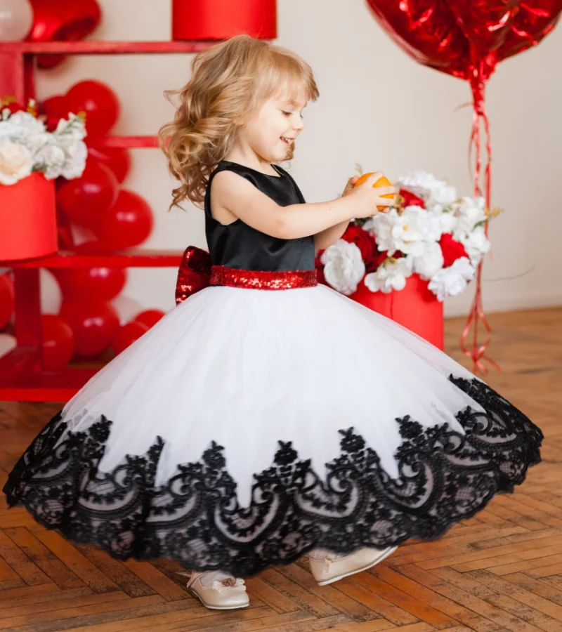 Elegant White Flower Girl Dress Sleeveless Black Printing Formal Wedding Princess For Baby Girls Kids Birthday Blessing Dresses