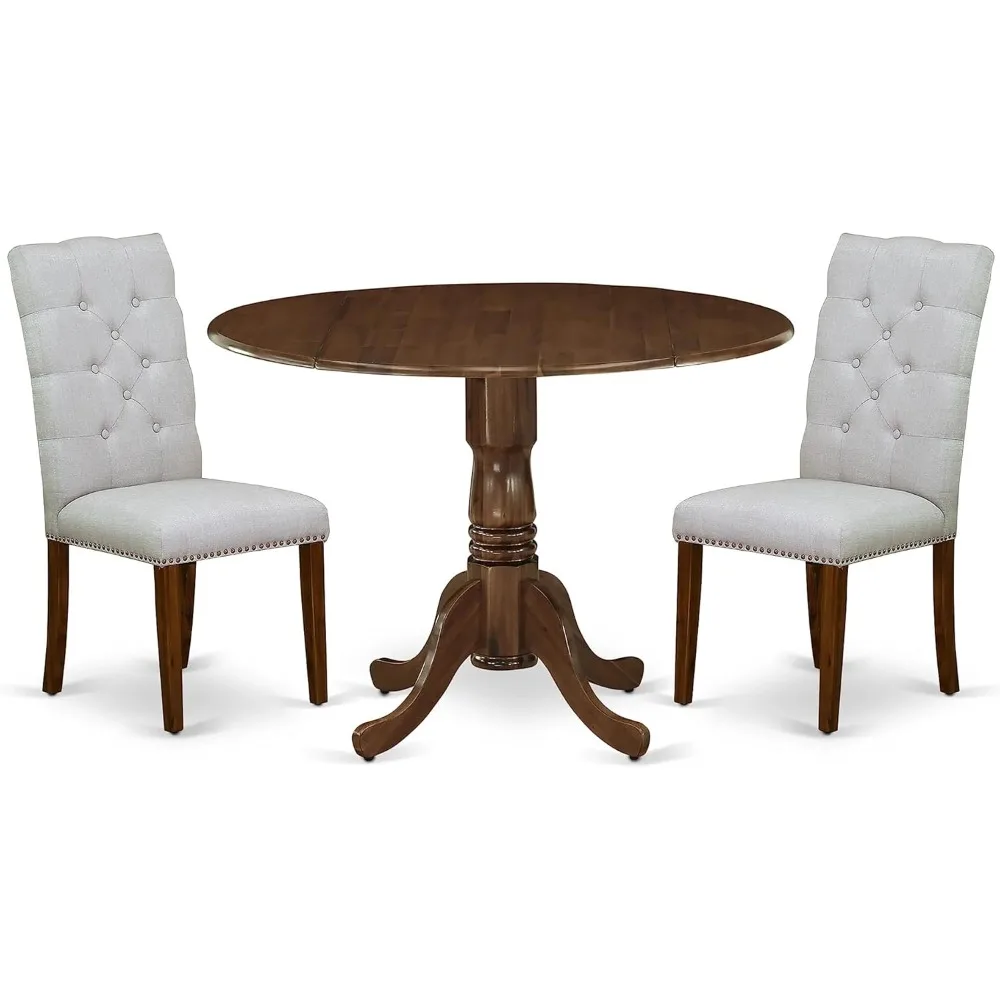 3 Piece Kitchen Table & Chairs Set Consist of a Round Dining Table with Dropleaf and 2 Upholstered Parson Chairs, 42x42 Inch