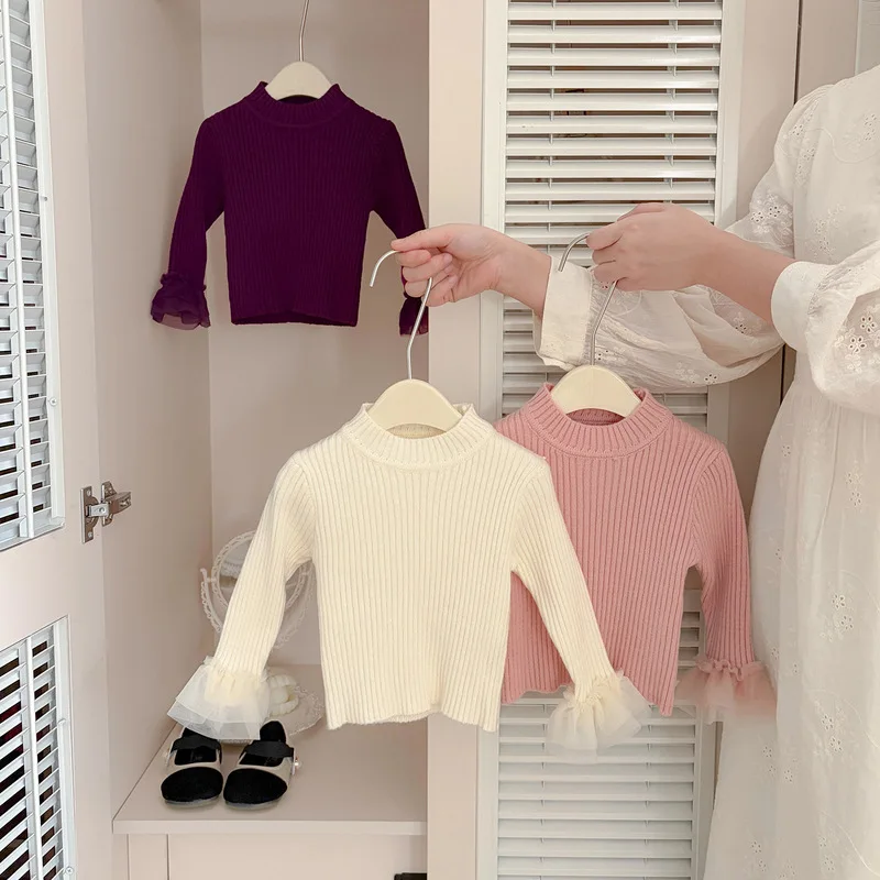 2026 Autumn New Girls Sweet Knitted Tops Solid Baby Girl Mesh Splicing Bell Sleeve Sweater Infant Toddler Solid Ribbed Pullover