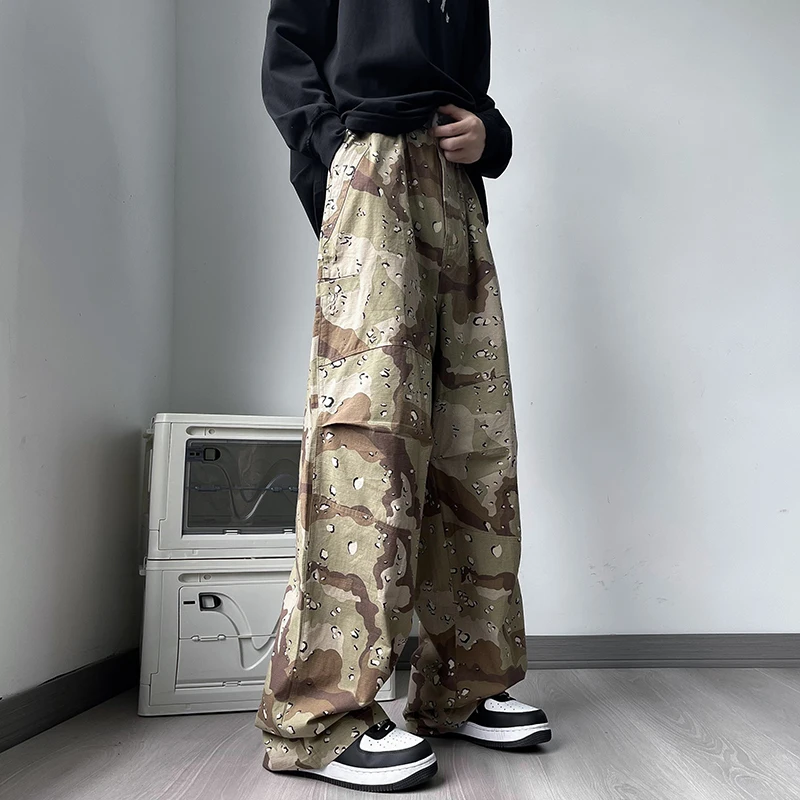 Camouflage Pants Men All-match Stylish High Street Pleated European Style Mopping Trousers Chic Pockets Hipster Versatile Zip Up