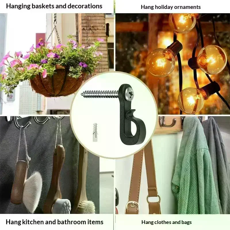 10PCS With Screw Lights Hook Plastic Black White String Light Hangers Garage Hooks Indoor And Outdoor