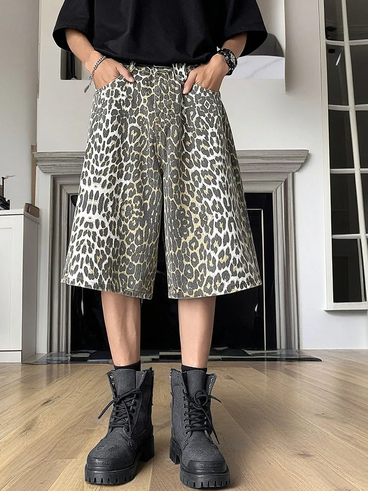 Fashion Harajuku Summer Hip Hop Leopard Painted Plus Size Sweatpants Men Straight Leg Trousers Sports Wide Leg Shorts Pants