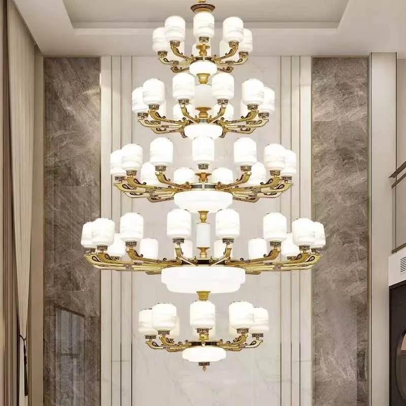 2022 new duplex villa living room large chandelier new Chinese-style building middle floor with high jump floor hollow five-laye