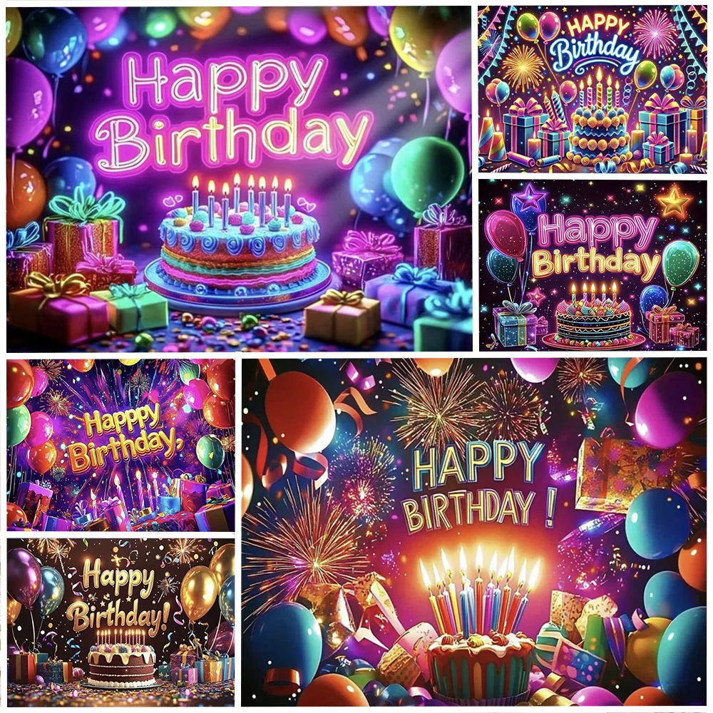 

Glow Neon Dance Happy Birthday Background Banner Glitter Carnival Party Decorations Colourful Backdrop Supplies Photography Prop