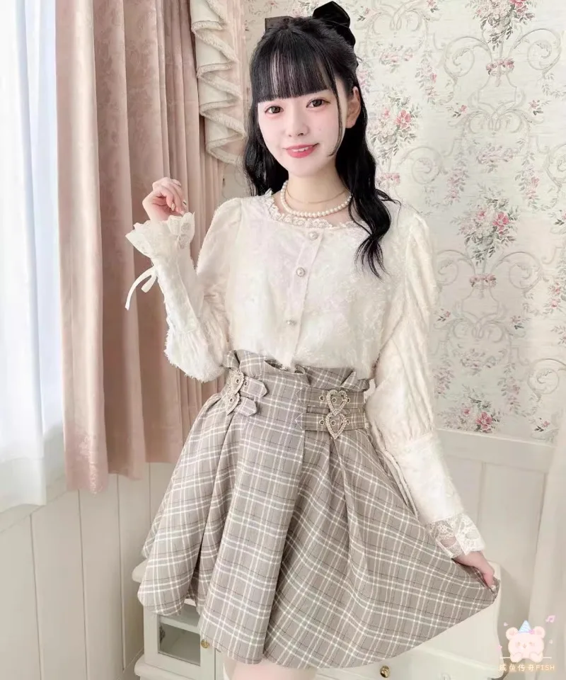 Japanese Rojita Style New Feather Strap Exquisite Mass-Produced Lady Versatile Sweet Long Sleeve Shirt Single Breasted Camisa