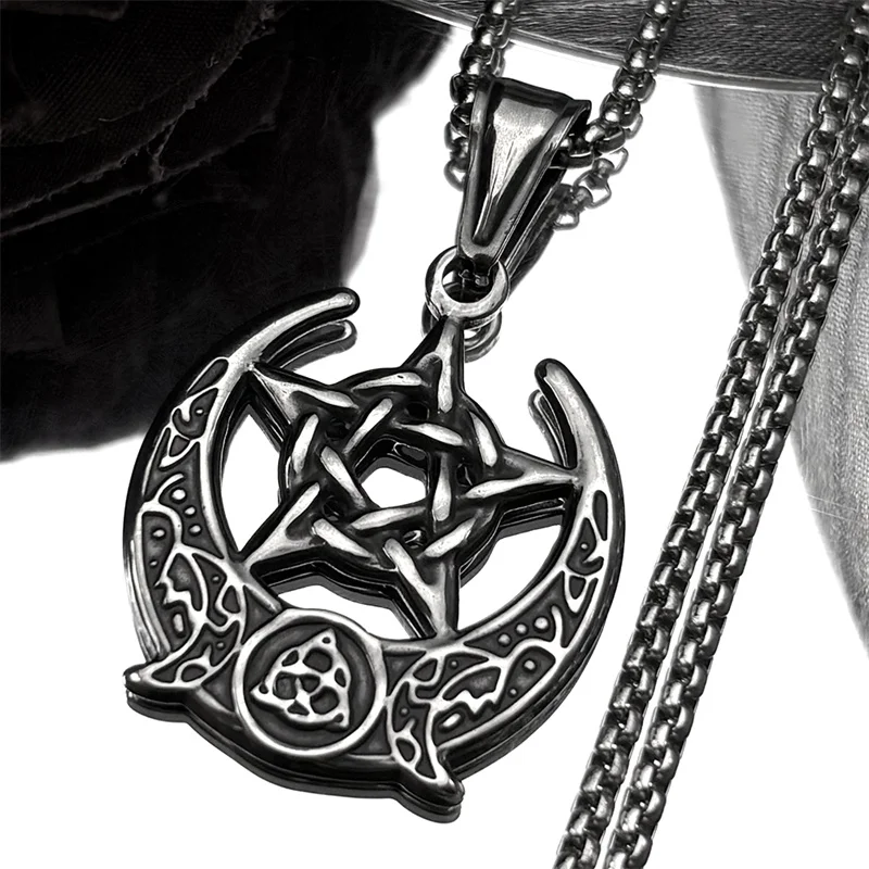 

Witch Knot Pentagram Triple Moon Goddess Pendant Necklace for Women Men Stainless Steel Retro Wicca Crescent Moon Chain Jewelry