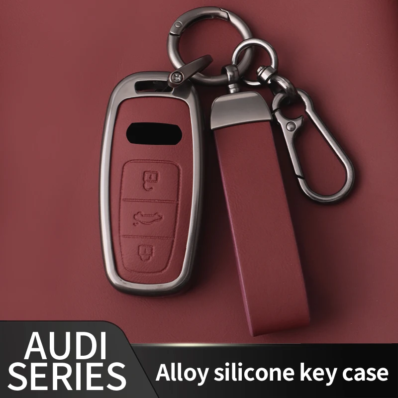 

Alloy Leather Car Key Case Cover For Audi A6 A6L A7 A8 A8L A3 E-tron 55 Q7 Q8 C8 2019 2020 2021 Protector Keychain Accessories