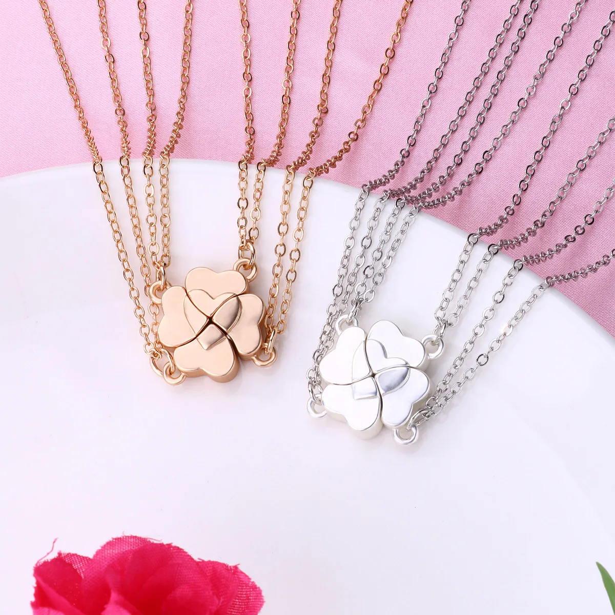 Lovecryst 4Pcs/Set Four Leaf Clover Stitching Magnet Stone Necklace BFF Friendship Jewelry Gifts For Kids