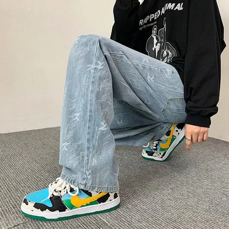 

Модные мужские джинсы Street Sle, осенние брендовые винтажные длинные прямые свободные широкие брюки в стиле хип-хоп, повседневные хлопковые брюки