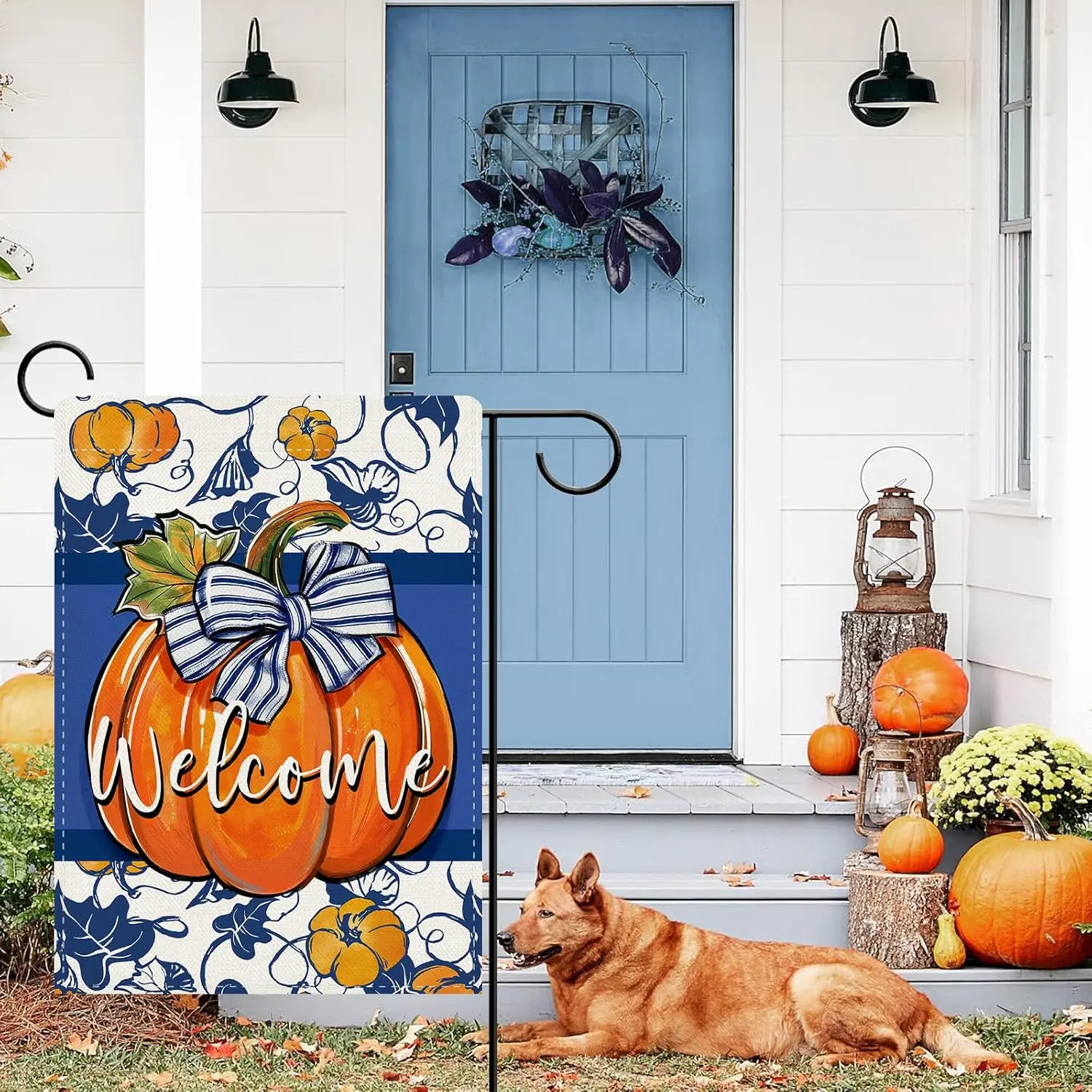 Dyrenson Welcome Fall Pumpkin Chinoiserie Decorative Garden Flag, Autumn Thanksgiving Blue and White Porcelain Yard Outside  UUN