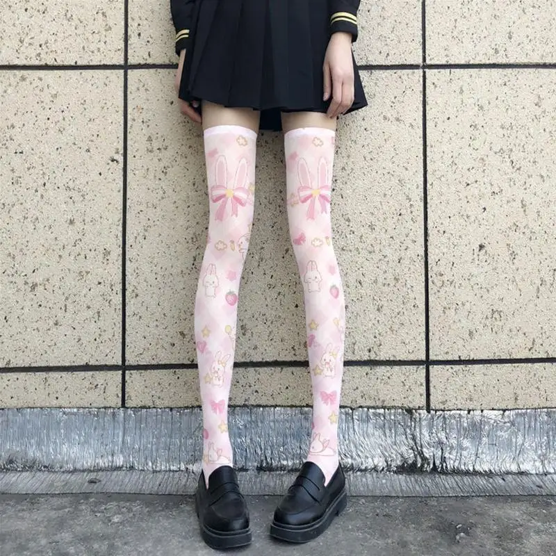 195E Vrouwen Cartoon Konijn voor Kat Gedrukt Dij Hoge Kousen Japanse Anime Aardbei Cosplay Over Knie Sok