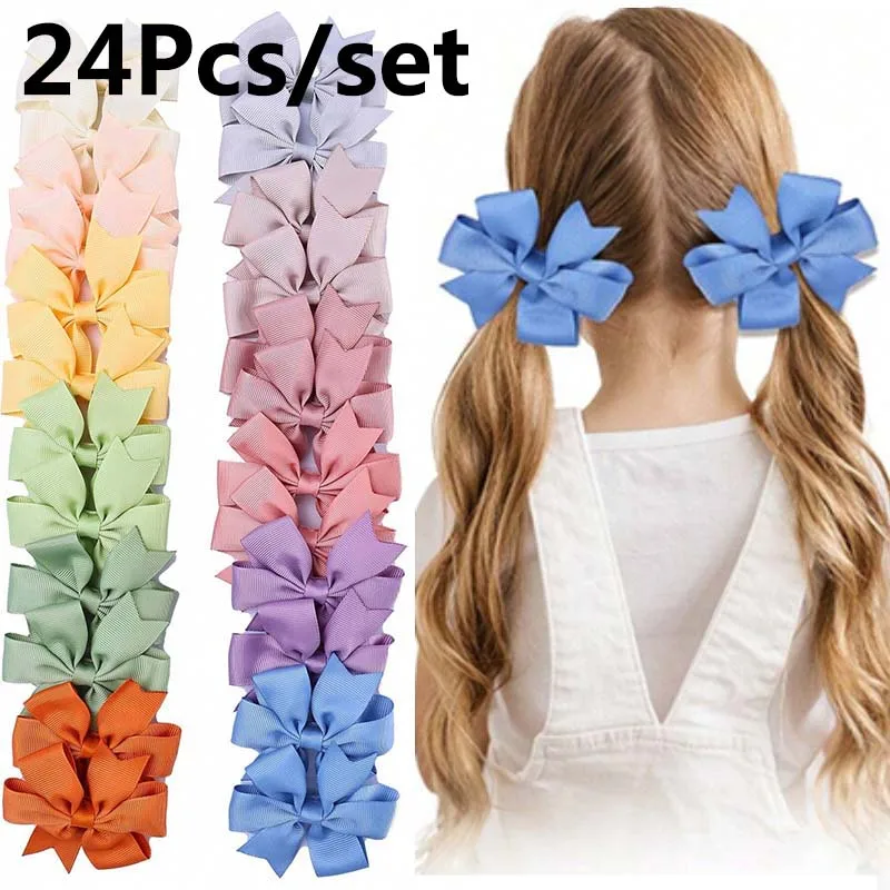 

ncmama 24Pcs/set Solid Color Ribbon Baby Bows Hair Clips for Kids Girls Handmade Bowknot Hairpin Mini Barrettes Hair Accessories