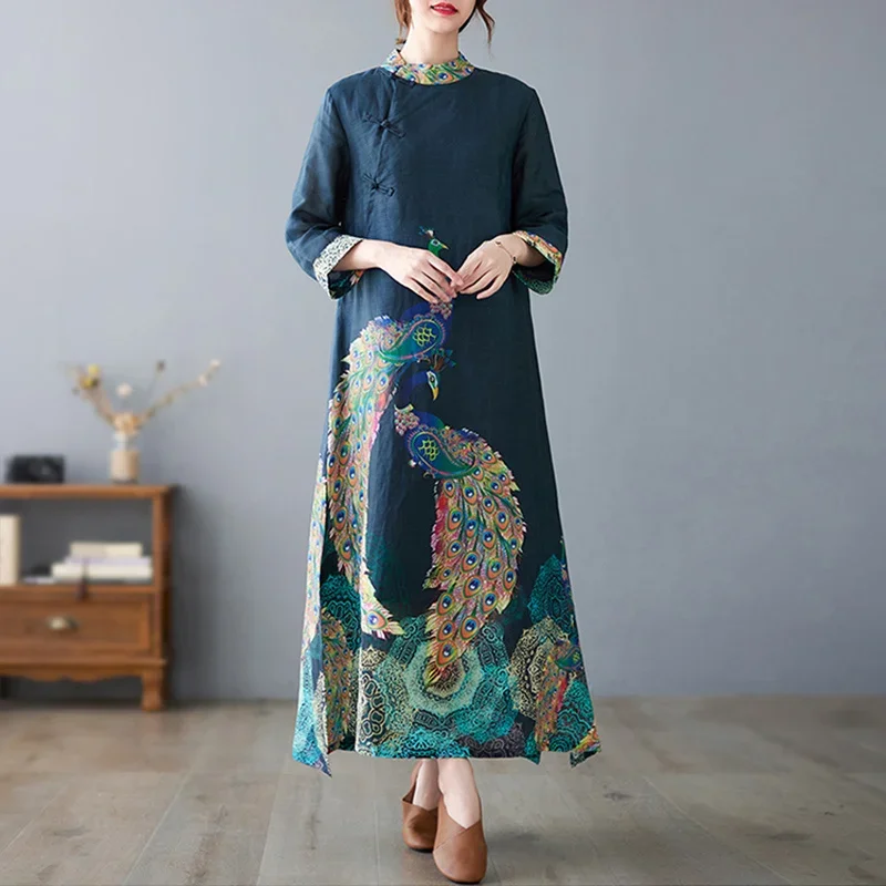 

Ethnic Style Cotton Linen Cheongsam Women Dresses Peacock Print Long China Traditional Elegant Chinese Style Vintage Qipao New