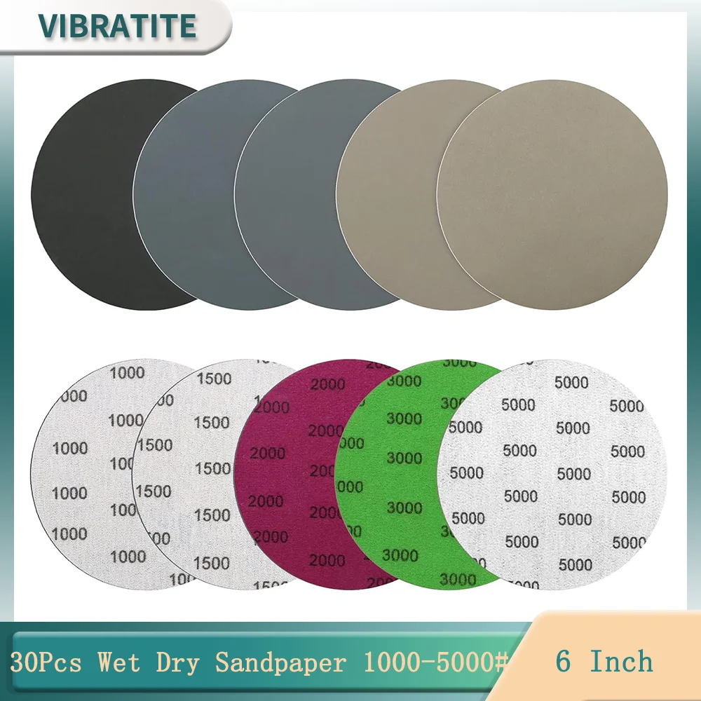 

6Inch 150MM Wet and Dry Sanding Discs 30Pcs 1000-5000# Silicon Carbide for Random Orbital Sander Automotive Wood Metal Polishing