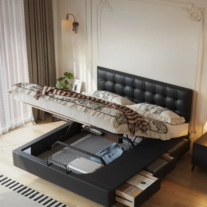 Suspended off the ground box bed leather bed thin bedside master bedroom light luxury black with drawers high box storage bed