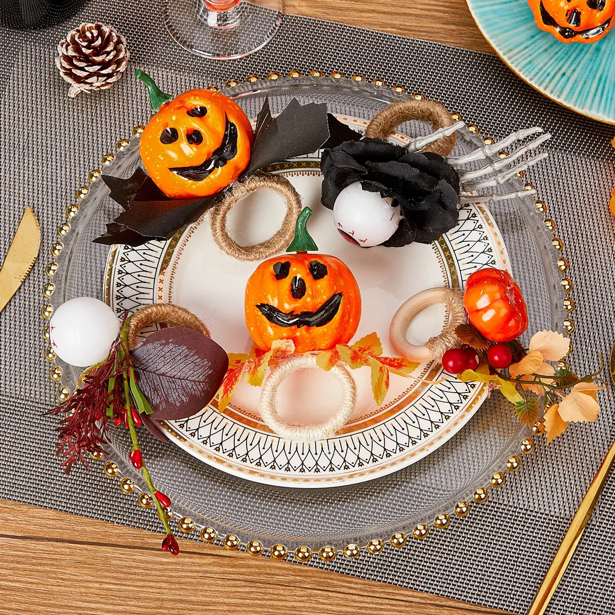 Spooky Pumpkin Head Halloween Napkin Ring Hotel Holiday Table Setting Mouth Cloth Ring New Fake Maple Leaf Napkin Buckle